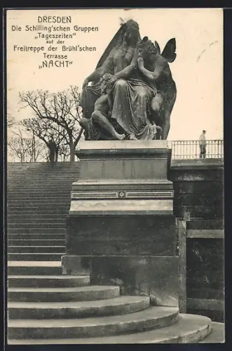 AK Dresden, Die Schilling'sche Gruppen Tageszeiten auf der Freitreppe der Brühl'schen Terrasse nacht