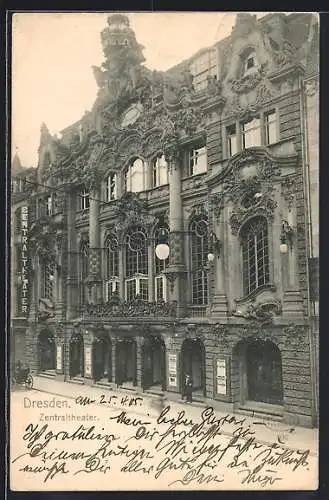 AK Dresden, Zentraltheater mit Strassenpartie