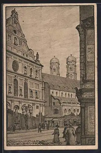 Künstler-AK München, Michaels-, Augustiner- u. Frauenkirche von der Neuhauser Strasse aus