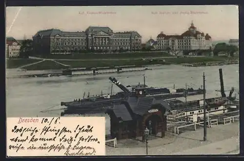 AK Dresden, Schiffsanlegestelle an der Elbe, Kgl. Finanz-Ministerium, Kgl. Kultus- und Ministerium