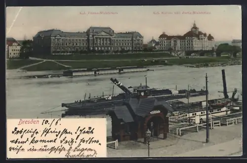 AK Dresden, Schiffsanlegestelle an der Elbe, Kgl. Finanz-Ministerium, Kgl. Kultus- und Ministerium