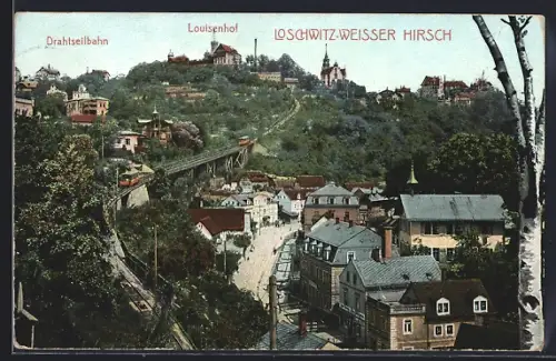 AK Dresden-Loschwitz, Weisser Hirsch mit Drahtseilbahn