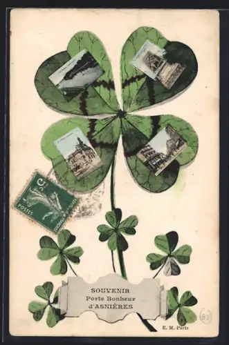 AK Asnières, Souvenir Porte Bonheur avec trèfle à quatre feuilles et vues intégrées