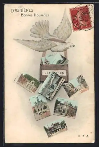 AK Asnières, Bonnes Nouvelles avec une colombe et des cartes postales suspendues