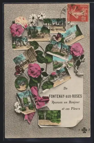 AK Fontenay-aux-Roses, Recevez un Bonjour et ces Fleurs avec collages de vues locales