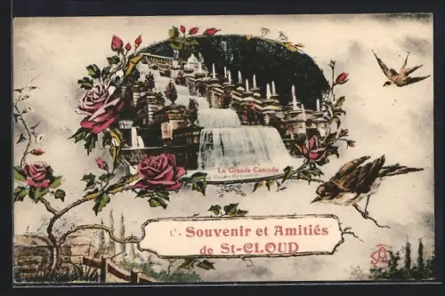 AK Saint-Cloud, La Grande Cascade entourée de roses et d`oiseaux