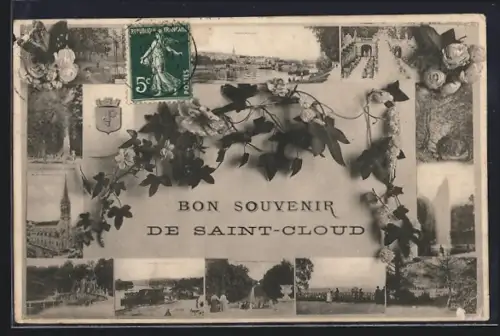 AK Saint-Cloud, Bon souvenir de Saint-Cloud avec vues multiples et fleurs ornées