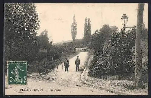 AK Plessis-Piquet, Rue Pasteur avec deux personnes et une charrette sur le chemin
