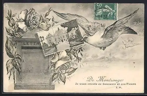 AK Montrouge, Souvenir avec colombe et fleurs