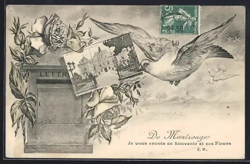 AK Montrouge, Souvenir avec colombe et fleurs