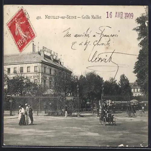 AK Neuilly-sur-Seine, Grille Maillot avec passants et voiture ancienne