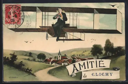 AK Clichy, Amitié de Clichy avec homme en avion au-dessus d`un village champêtre