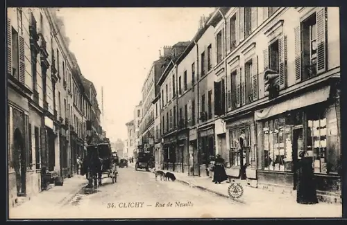 AK Clichy, Rue de Neuilly animée avec passants et calèches