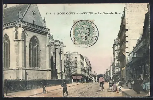 AK Boulogne-sur-Seine, La Grande Rue avec église et passants