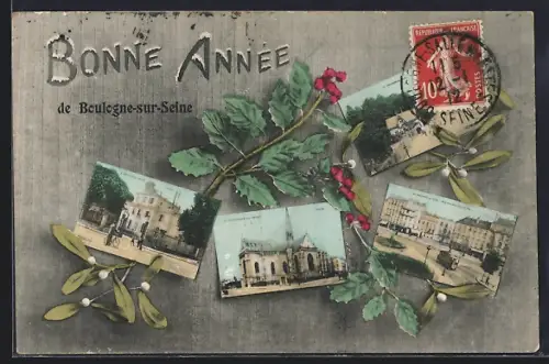 AK Boulogne-sur-Seine, Bonne Année avec vues de la ville et décorations de houx