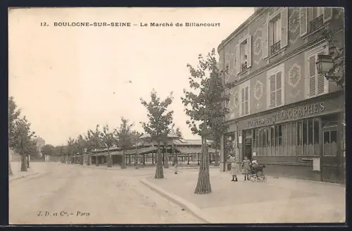 AK Boulogne-sur-Seine, Le Marché de Billancourt et bâtiment des Postes et Télégraphes