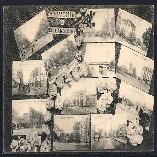 AK Billancourt, Souvenir de Billancourt avec collages de scènes locales et fleurs décoratives