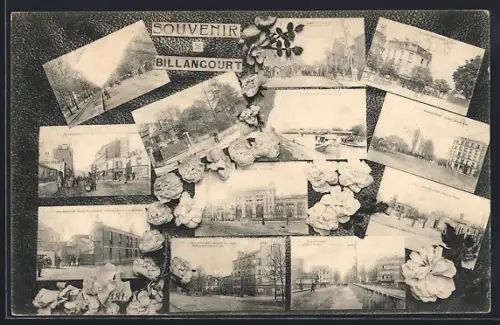 AK Billancourt, Souvenir de Billancourt avec collages de scènes locales et fleurs décoratives