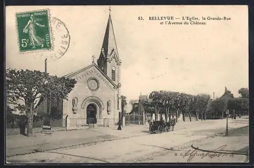 AK Bellevue, L`Église, la Grande-Rue et l`Avenue du Château