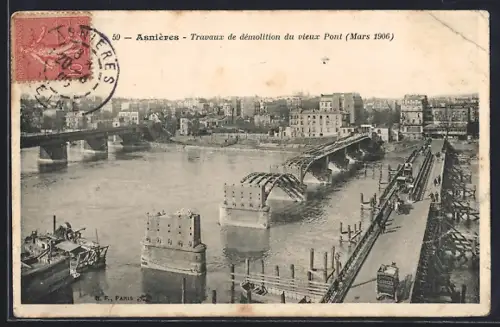 AK Asnières, Travaux de démolition du vieux Pont, Mars 1906