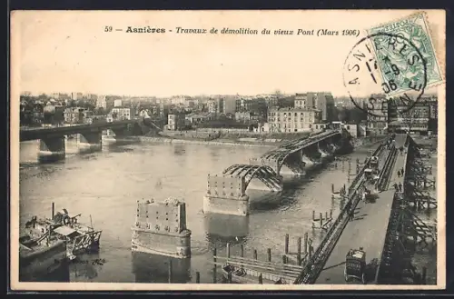 AK Asnières, Travaux de démolition du vieux Pont, Mars 1906
