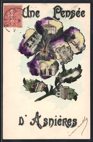 AK Asnières, Une Pensée d`Asnières avec collages de vues locales