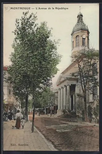 AK Montrouge, L`Avenue de la République avec église et passants