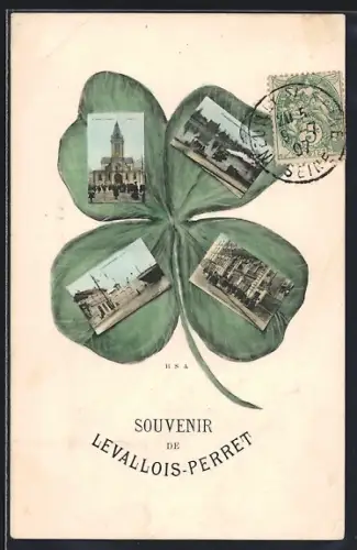 AK Levallois-Perret, Souvenir avec collages sur feuille de trèfle