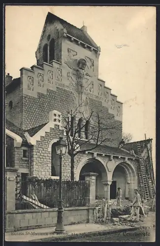 AK Bécon-les-Bruyères, Église St-Maurice en construction avec ouvriers sur le chantier