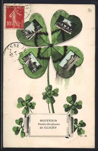 AK Clichy, Souvenir Porte-Bonheur avec vues de la ville