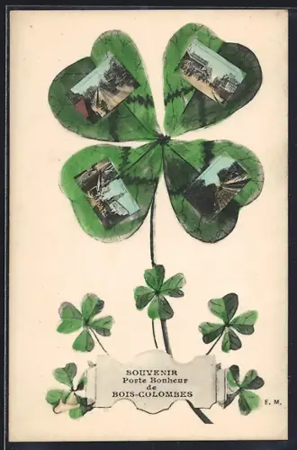 AK Bois-Colombes, Souvenir Porte Bonheur avec vues miniatures sur trèfle à quatre feuilles