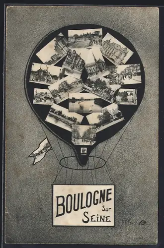 AK Boulogne-sur-Seine, Collage de vues dans un ballon montgolfière