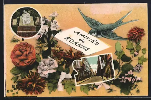 AK Roanne, Amitiés de Roanne avec fleurs, oiseau et vues de la ville