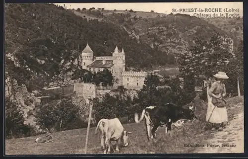 AK St-Priest-la-Roche, Château de la Roche avec bergère et vaches dans le paysage rural