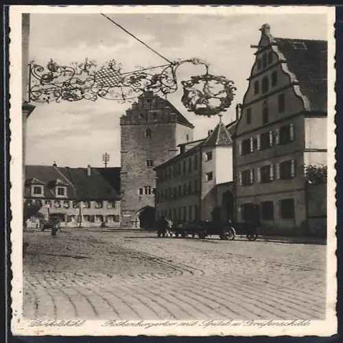 AK Dinkelsbühl, Rothenburgertor mit Spital und Greifenschild, Pferdefuhrwerk