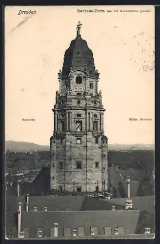 AK Dresden, Rathaus-Turm von der Kreuzkirche gesehen, Borsberg u. Sächs. Schweiz