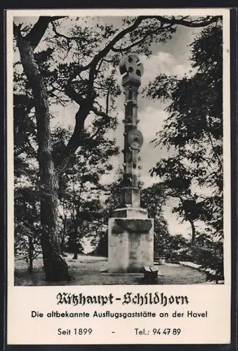 AK Berlin-Grunewald, Gasthaus Ritzhaupt-Schildorn an der Havel, Denkmal