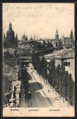 AK Dresden, Strasse am Terrassenufer mit Carolabrücke