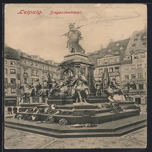 AK Leipzig, Strassenpartie mit Geschäften und Siegesdenkmal