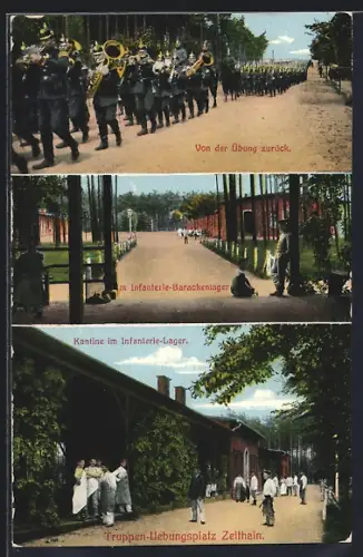 AK Zeithain, Truppenübungsplatz mit Ifanterie-Baracken und Parade