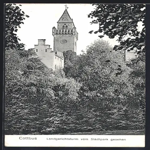 AK Cottbus, Landgerichtsturm vom Stadtpark gesehen