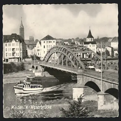 AK Minden i. W., Weserbrücke mit Blick auf den Ort