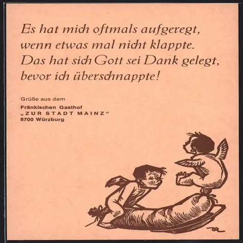 Künstler-AK Würzburg, Fränkischer Gasthof zur Stadt Mainz, Bes. Karl Schwarzmann, Zwei Engel wippen auf einer Wurst