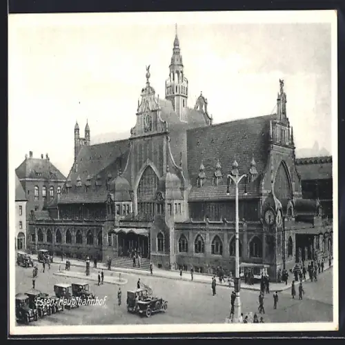 AK Essen, Hauptbahnhof mit Autos und Passanten
