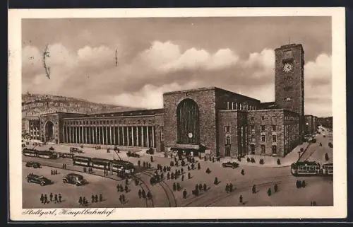 AK Stuttgart, Hauptbahnhof mit Strassenbahn