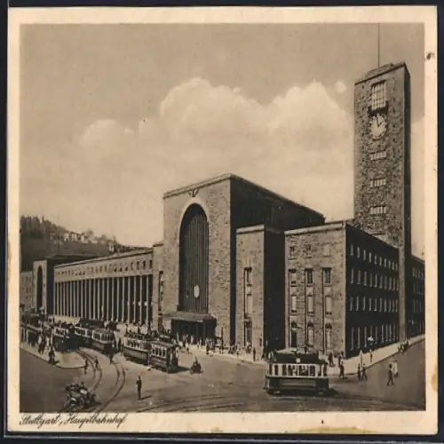 AK Stuttgart, Hauptbahnhof mit Strassenbahnen