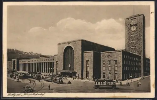 AK Stuttgart, Hauptbahnhof mit Strassenbahnen