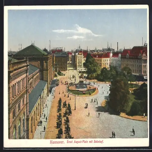 AK Hannover, Ernst August-Platz mit Bahnhof, Blick auf den Platz hinunter mit Pferdedroschken