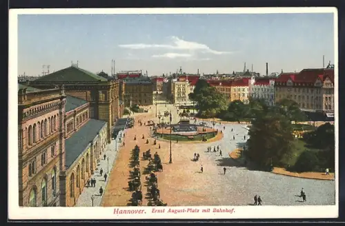 AK Hannover, Ernst August-Platz mit Bahnhof, Blick auf den Platz hinunter mit Pferdedroschken