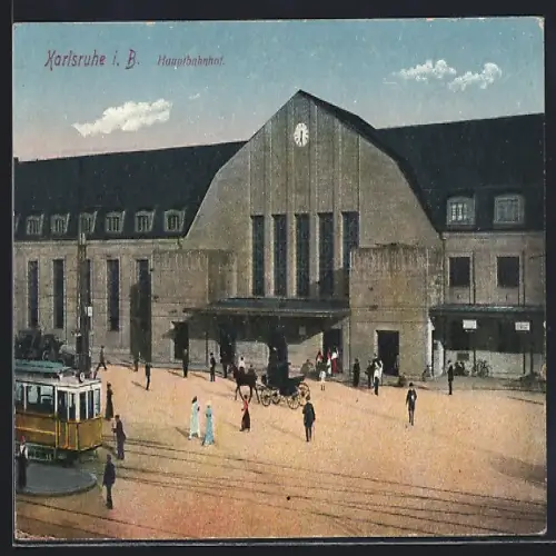 AK Karlsruhe, Blick auf Hauptbahnhof und Strassenbahn